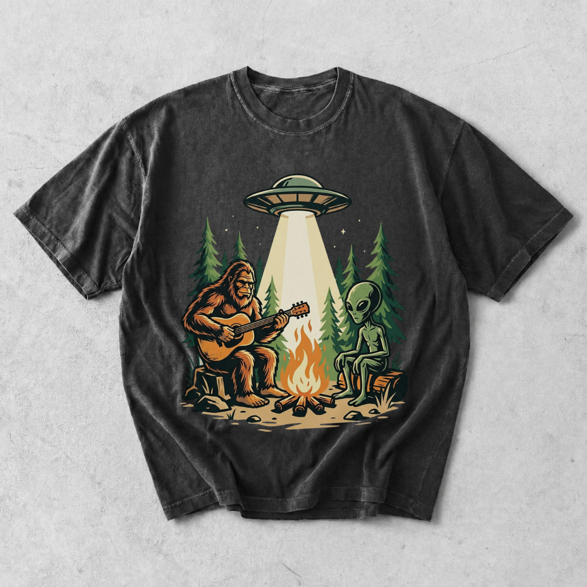 Bigfoot and Alien Campfire Funny Outdoor T-Shirt