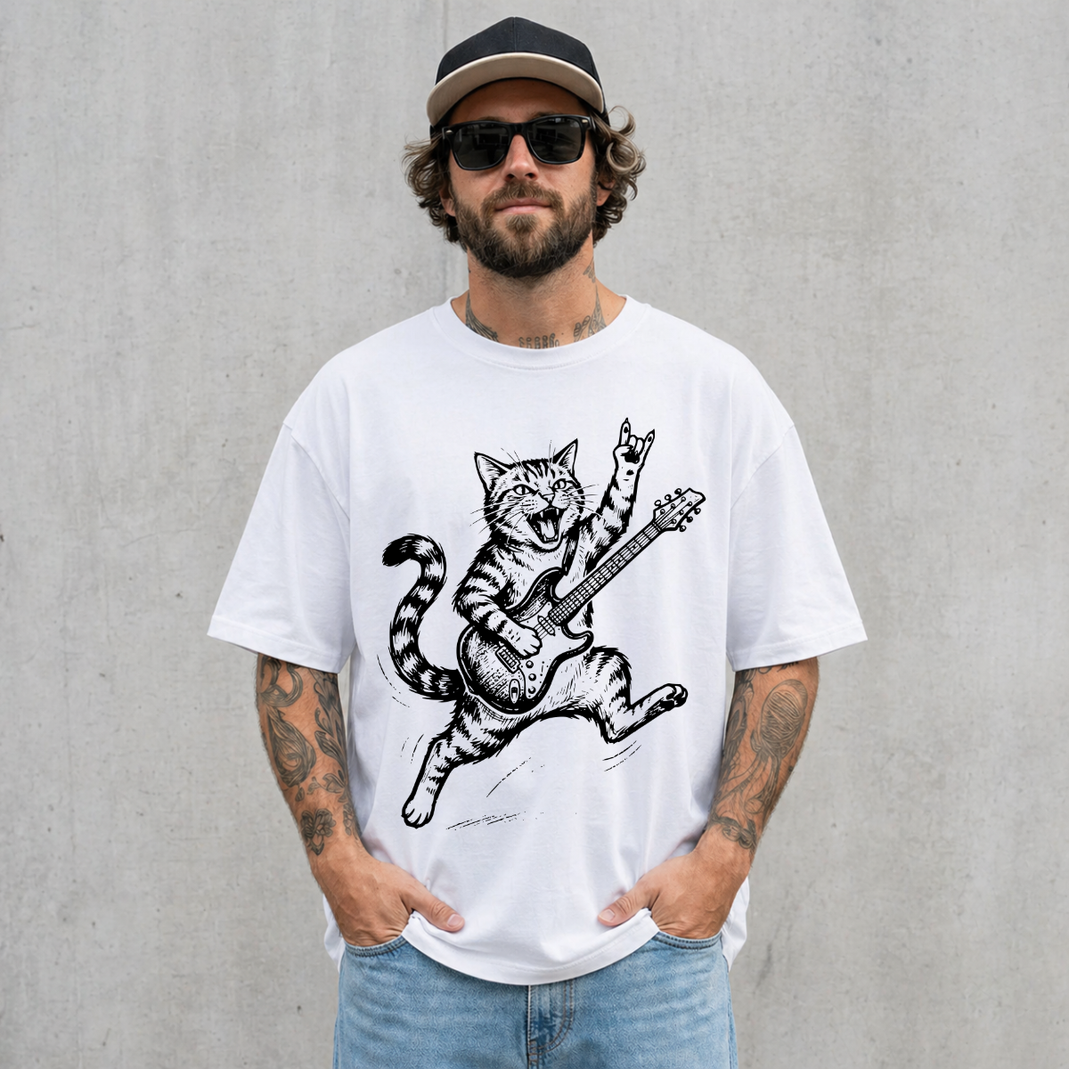 Funny Rockstar Cat Guitar T-Shirt