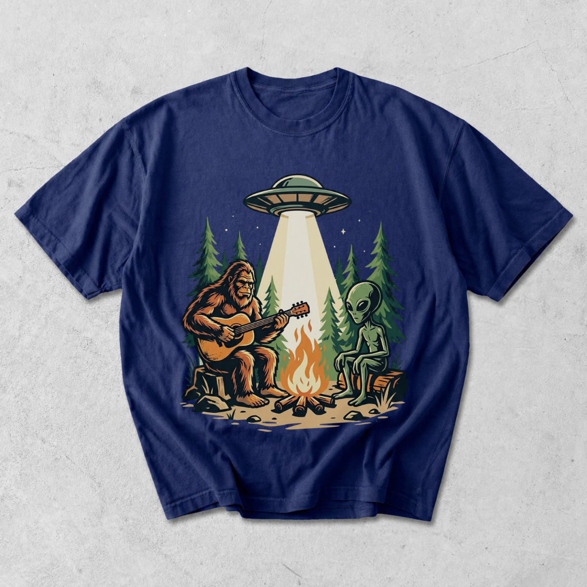 Bigfoot and Alien Campfire Funny Outdoor T-Shirt