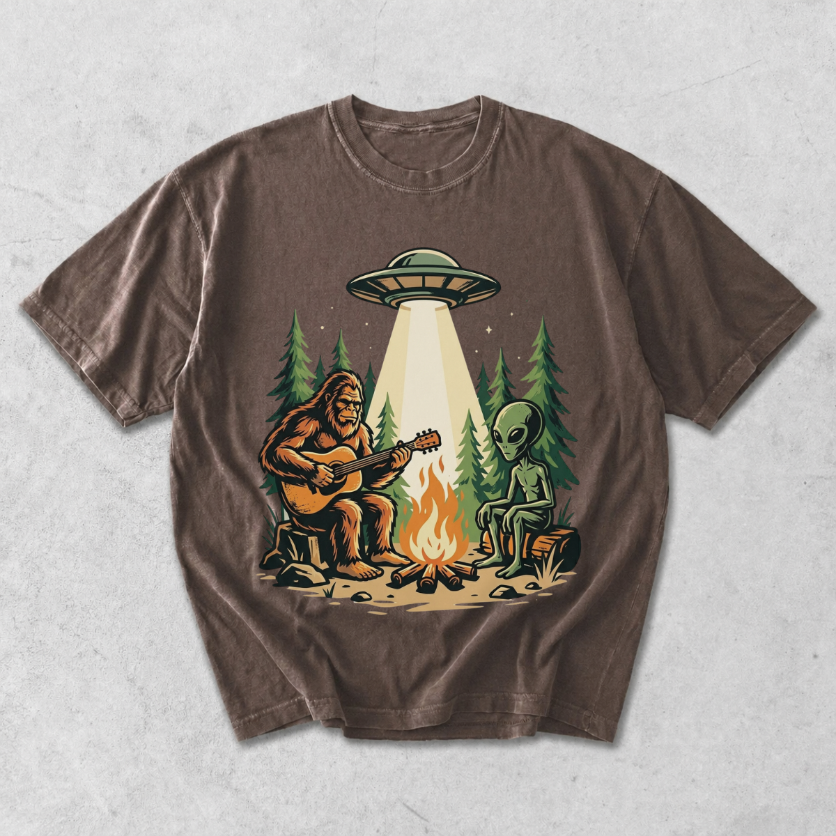 Bigfoot and Alien Campfire Funny Outdoor T-Shirt