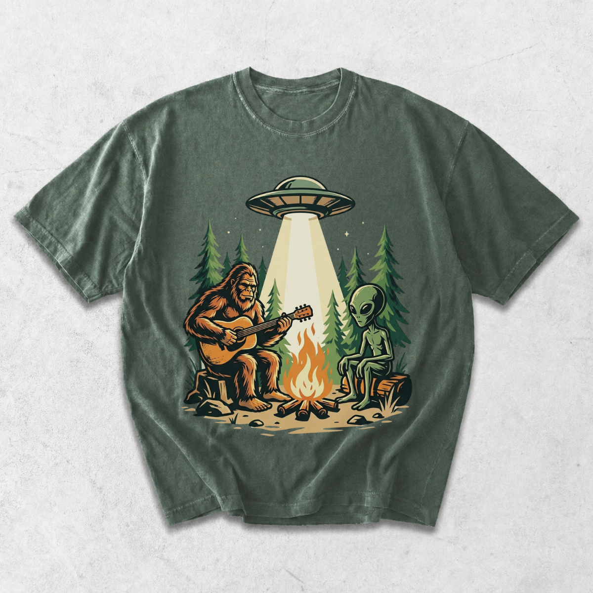 Bigfoot and Alien Campfire Funny Outdoor T-Shirt