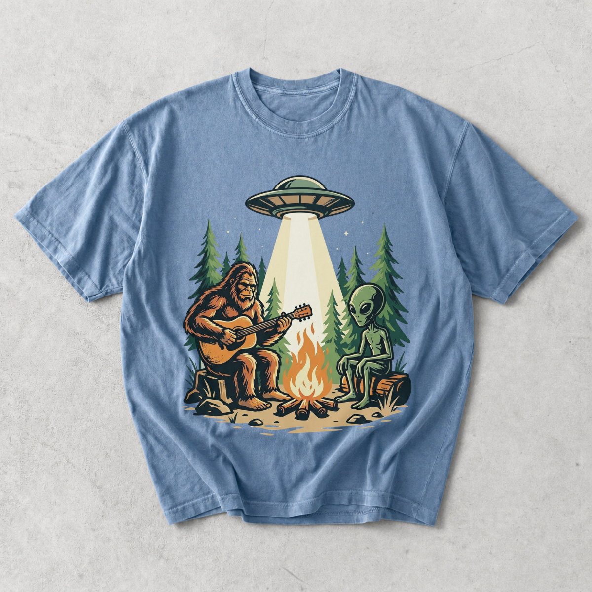 Bigfoot and Alien Campfire Funny Outdoor T-Shirt