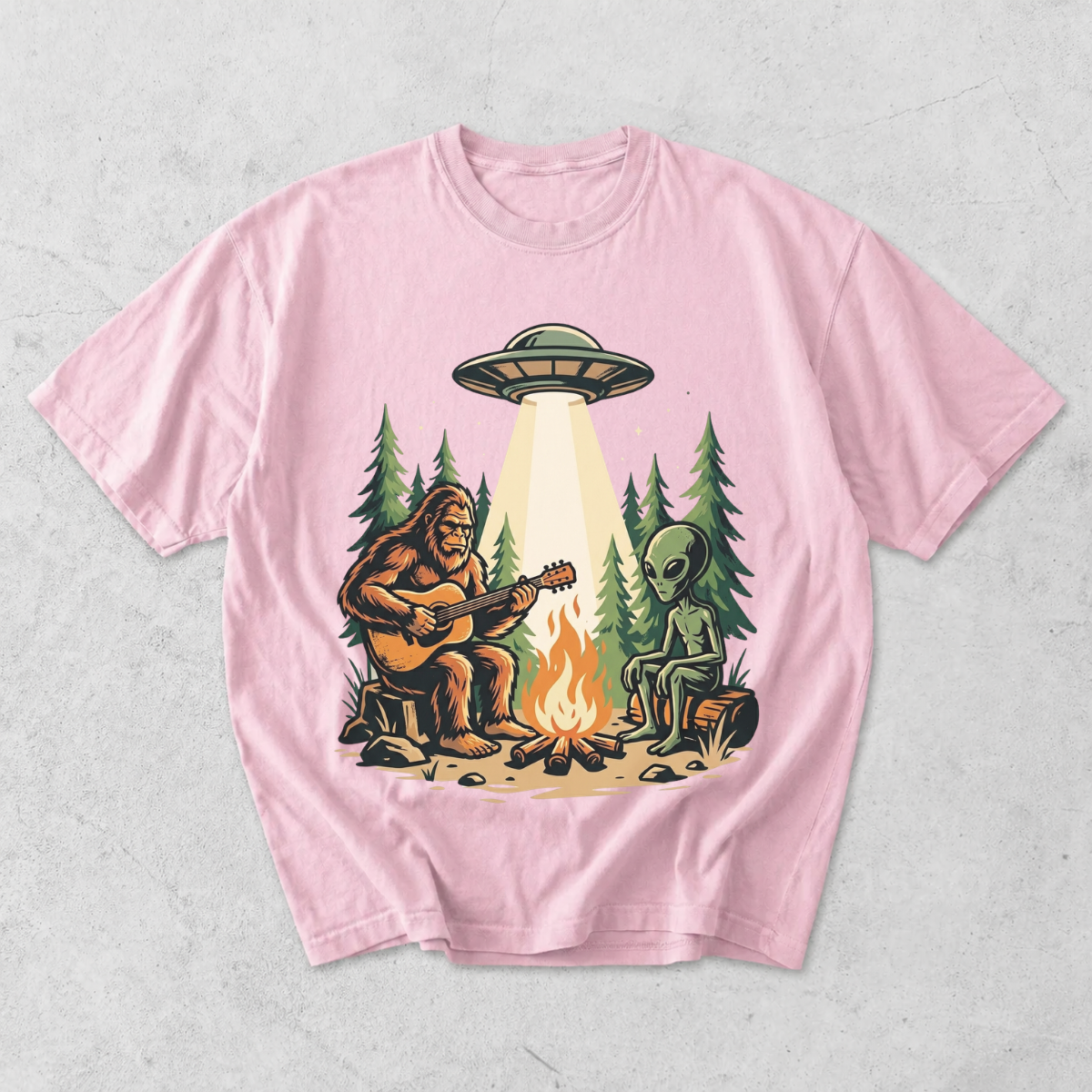 Bigfoot and Alien Campfire Funny Outdoor T-Shirt