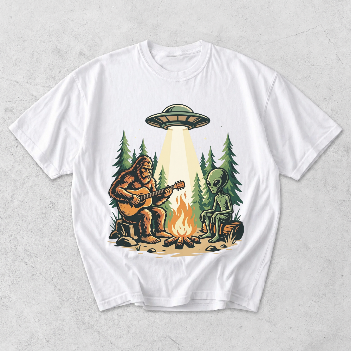 Bigfoot and Alien Campfire Funny Outdoor T-Shirt