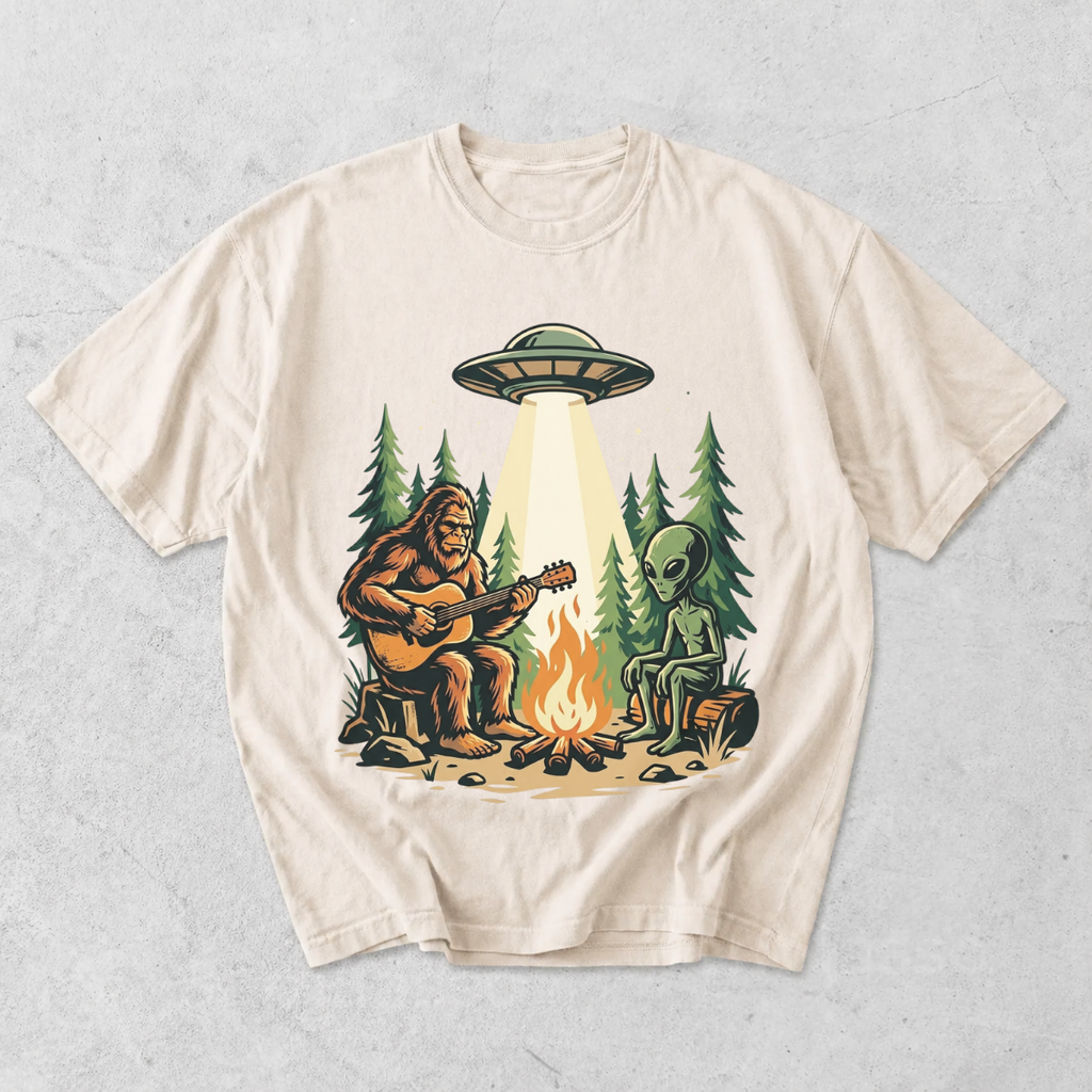 Bigfoot and Alien Campfire Funny Outdoor T-Shirt