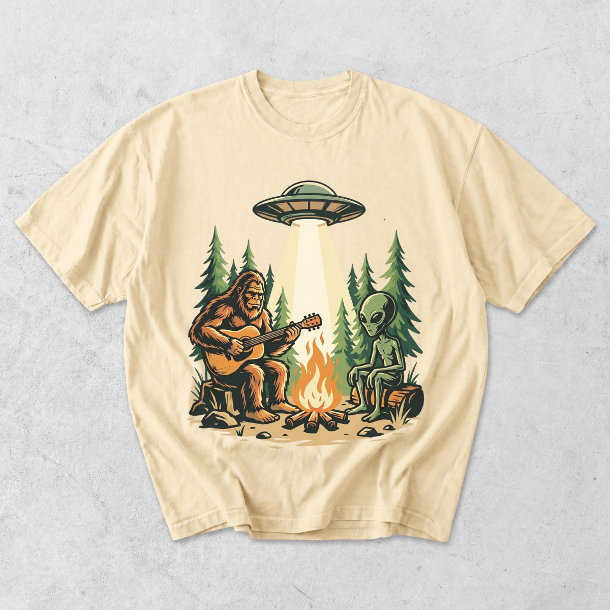 Bigfoot and Alien Campfire Funny Outdoor T-Shirt
