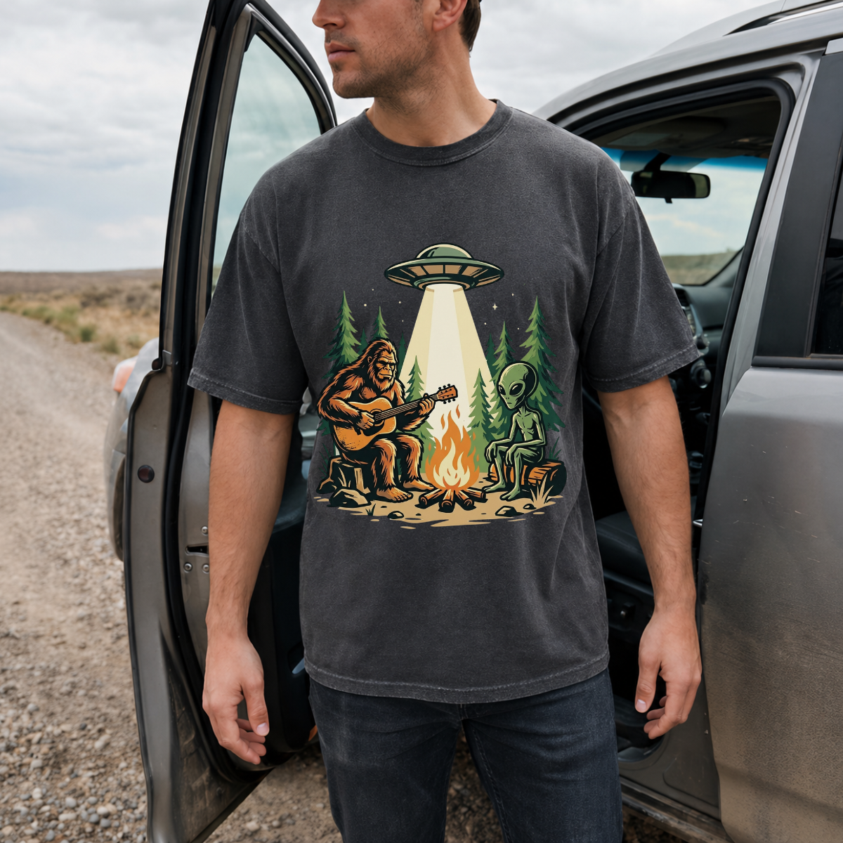 Bigfoot and Alien Campfire Funny Outdoor T-Shirt