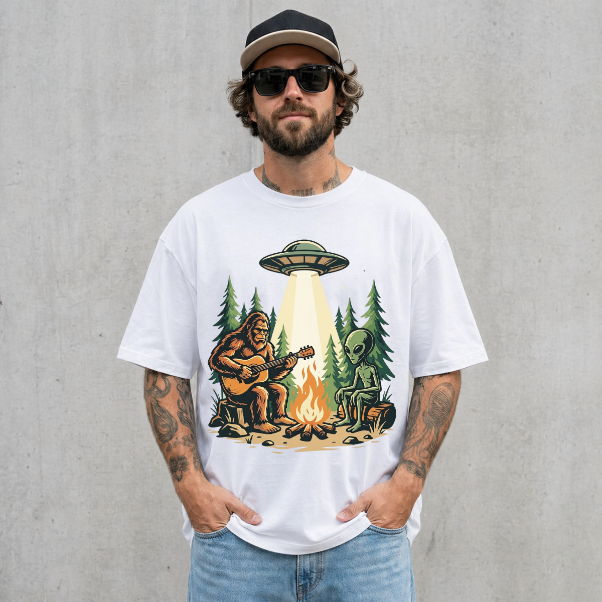 Bigfoot and Alien Campfire Funny Outdoor T-Shirt