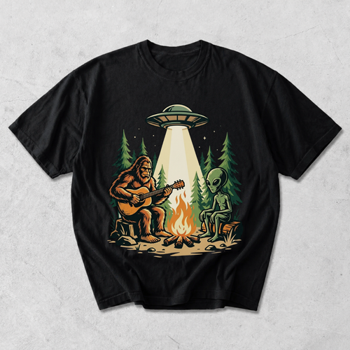 Bigfoot and Alien Campfire Funny Outdoor T-Shirt